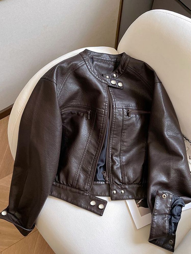 Cappotto corto in pelle PU da motociclista in stile americano per donna, primavera autunno 2025, nuovo design di piccole dimensioni, giacca con collo alto_voghion.com