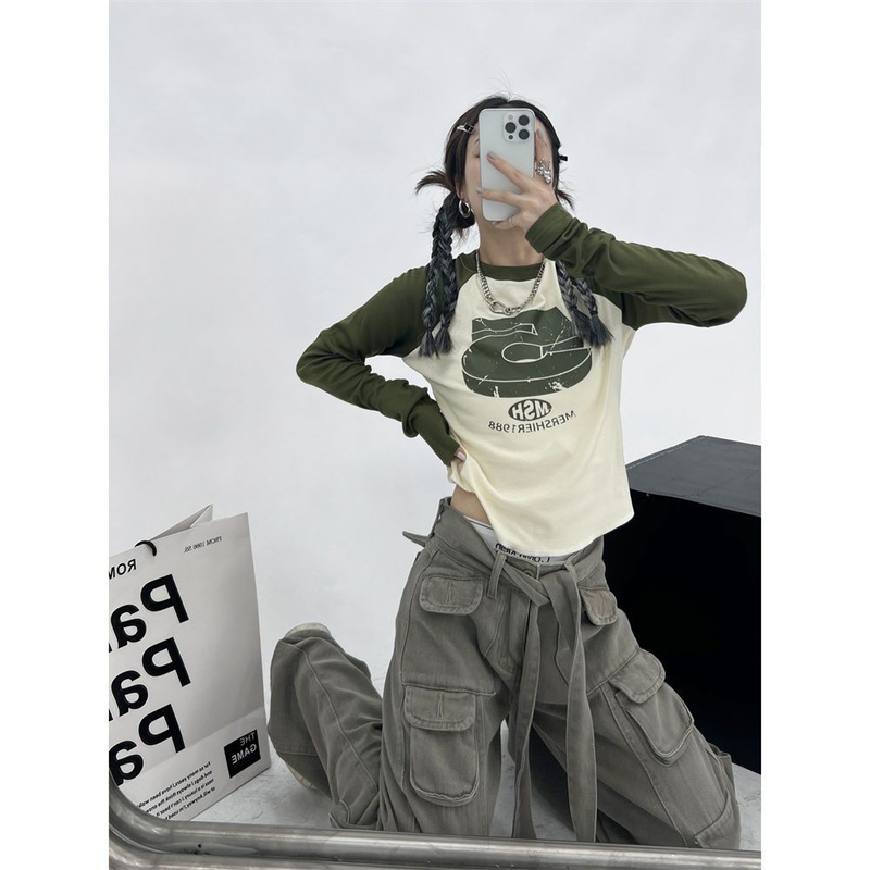 HOUZHOU Vintage Y2K Patchwork Groene T-shirts Vrouwen Hippie Streetwear T-shirts met lange mouwen Vrouwelijke Kpop Retro Herfst Crop_voghion.com