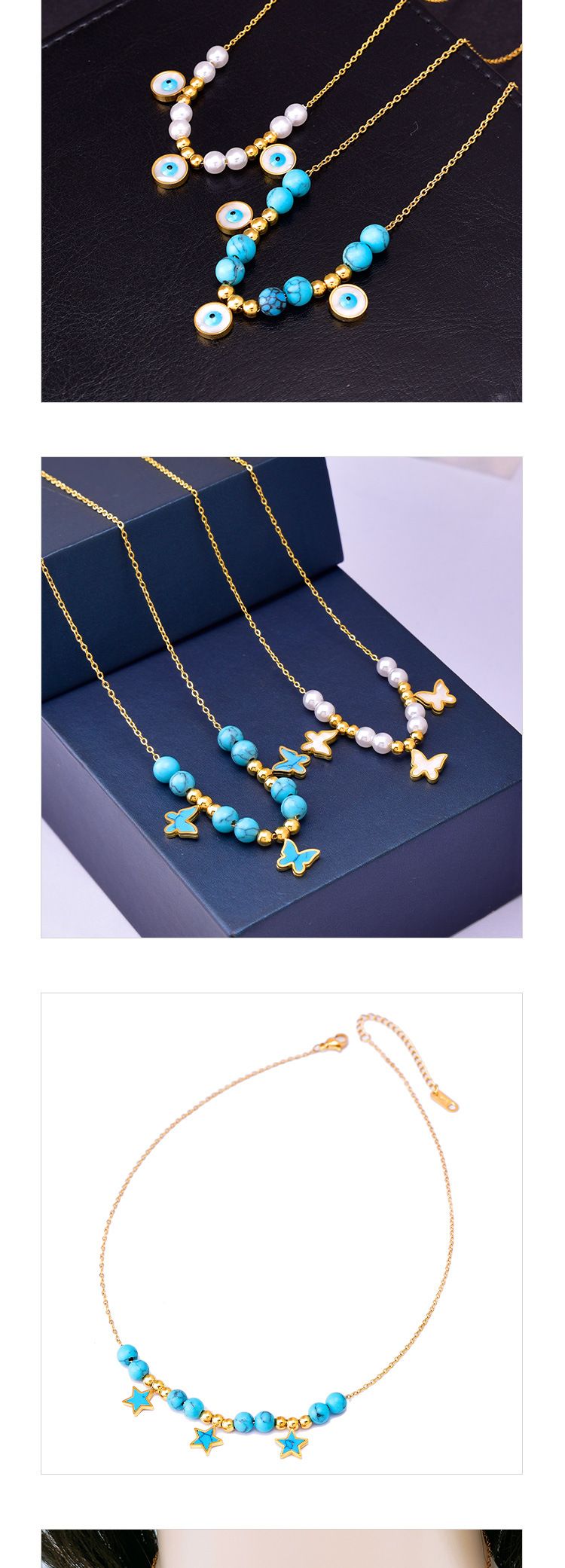 Collana personalizzata in acciaio al titanio turchese esagerato retrò, ciondolo a forma di conchiglia, stella, farfalla, occhi rotondi, catena a forma di cuore_voghion.com