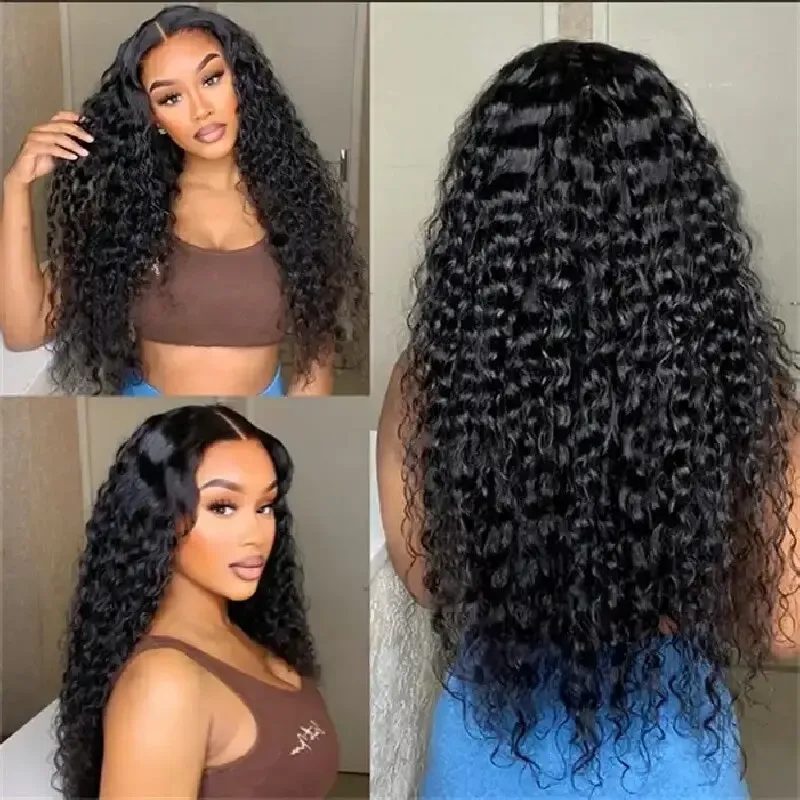Pelucas de cabello humano virgen negro natural sin pegamento, prearrancada, rizada, de 5 x 5 pulgadas, con ondas profundas y encaje frontal_voghion.com