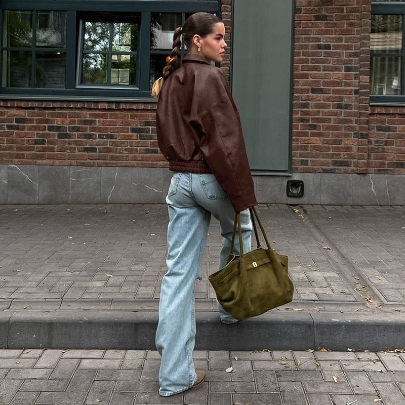 Damenbekleidung Vintage-inspirierte Bomberjacke für Damen – Fliegermantel aus PU-Leder, entspannte Passform, klassisches Braun, Freizeit- und Bürokleidung_voghion.com