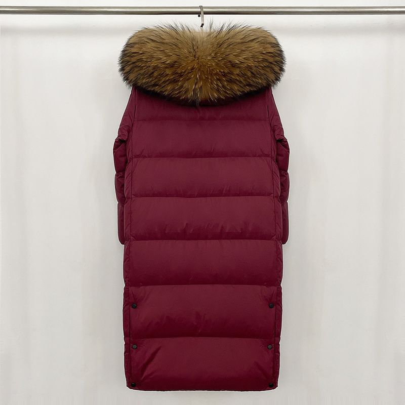 Abbigliamento da donna Giacca lunga con cappuccio e finiture in pelliccia di volpe, 90% piumino d'oca, nylon impermeabile, elegante e caldo cappotto invernale_voghion.com