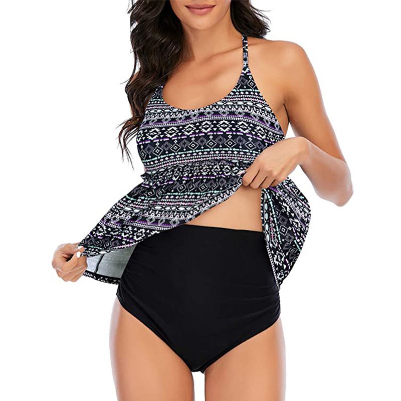 Bikini-Set mit hoher Taille – Badekleid mit Blumenmuster, Rüschenrock und Bauchkontrolle (bescheidene Bademode mit LSF 50+, verstellbare Bänder, schnelltrocknender Stoff)_voghion.com