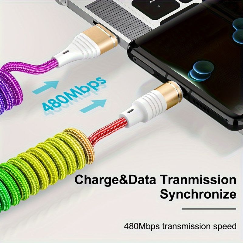 3A Fast Spring USB Type C Charger Cable - Adjustable Length, Nylon Braided, Durable, Fast Charging, Compatible with Samsung/Xiaomi_voghion.com