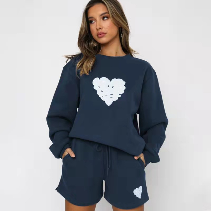 Women's fashion casual printed shorts two-piece set plus fleece long-sleeved hoodie set_voghion.com