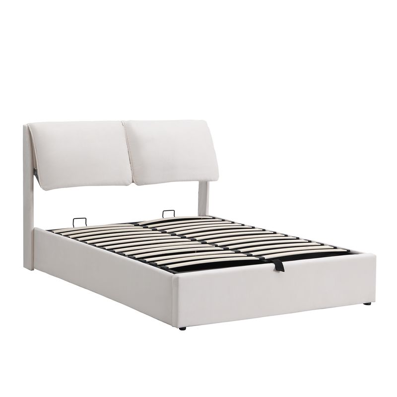 Lit coffre hydraulique 140 x 200 cm, 3 tiroirs, cadre de lit capitonné en velours beige avec sommier à lattes et tête de lit, matelas non inclus._voghion.com