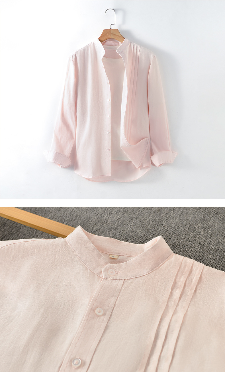 Camicia da uomo in lino per ragazzi, colletto alla coreana, casual, sciolto, tinta unita_voghion.com