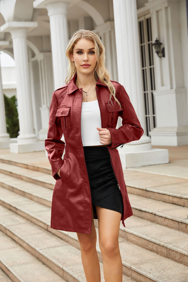 03 New Mid-Length With Belt Spring And Autumn Long Sleeve Leather Trench Coat Fashion British Style Women's Jacket_voghion.com