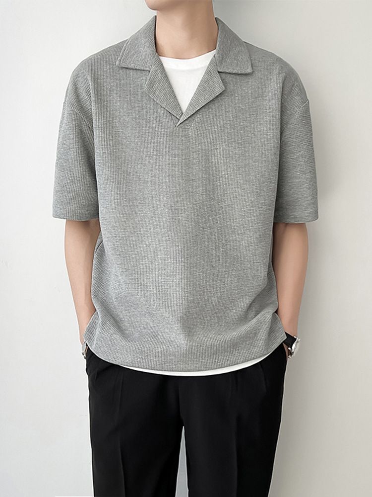 Trendy Cuban Collar T-shirt Men's Short Sleeved Casual Loose Shoulder Half Sleeved Shirt_voghion.com