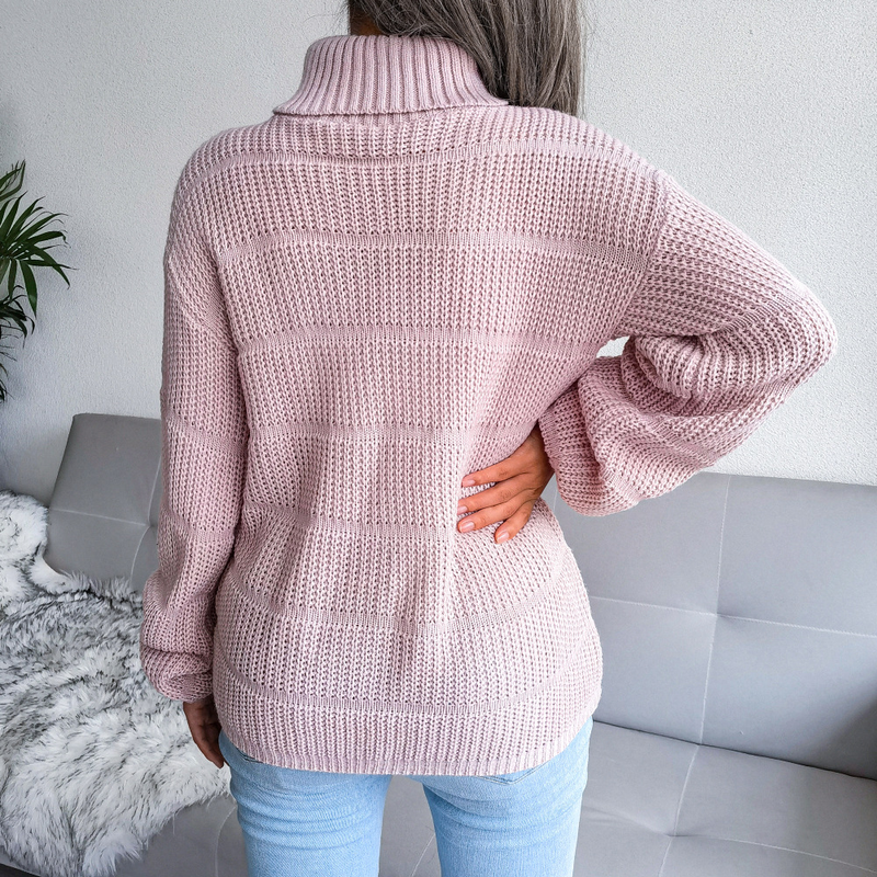 Maglione lavorato a maglia casual da donna, con collo alto, manica lunga e traforata, autunno inverno, celebrità di Internet_voghion.com