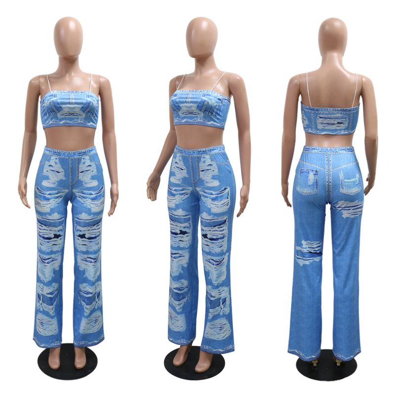 Conjunto de top corto sin mangas y pantalón acampanado: conjunto estampado de dos piezas para mujer_voghion.com