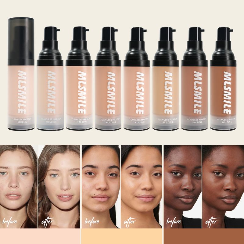 Podkład w płynie MLSMILE Concealer Liquid Foundation Matte Light And Thin, który poprawia wygląd twarzy, rozjaśnia i stanowi bazę dla 8 kolorów podkładu w kremie Nude Makeup_voghion.com