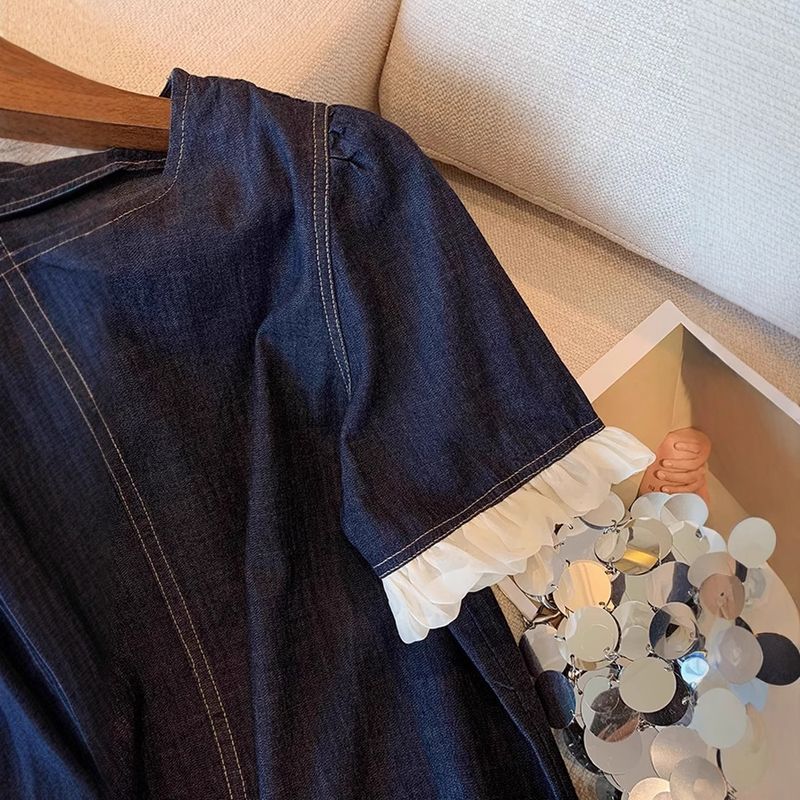 Abito in denim patchwork in pizzo blu scuro per l'estate da donna, nuovo design, gonna corta dritta ampia e snellente_voghion.com