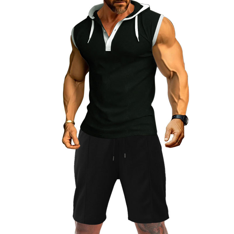 Sleeveless vest, shorts, T-shirt, solid color hooded tie up men's casual sports waffle set_voghion.com