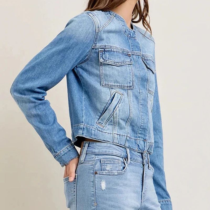 Damenbekleidung Kurze Langarm Retro Arbeitskleidung Multi Pocket Jeansjacke Damen_voghion.com