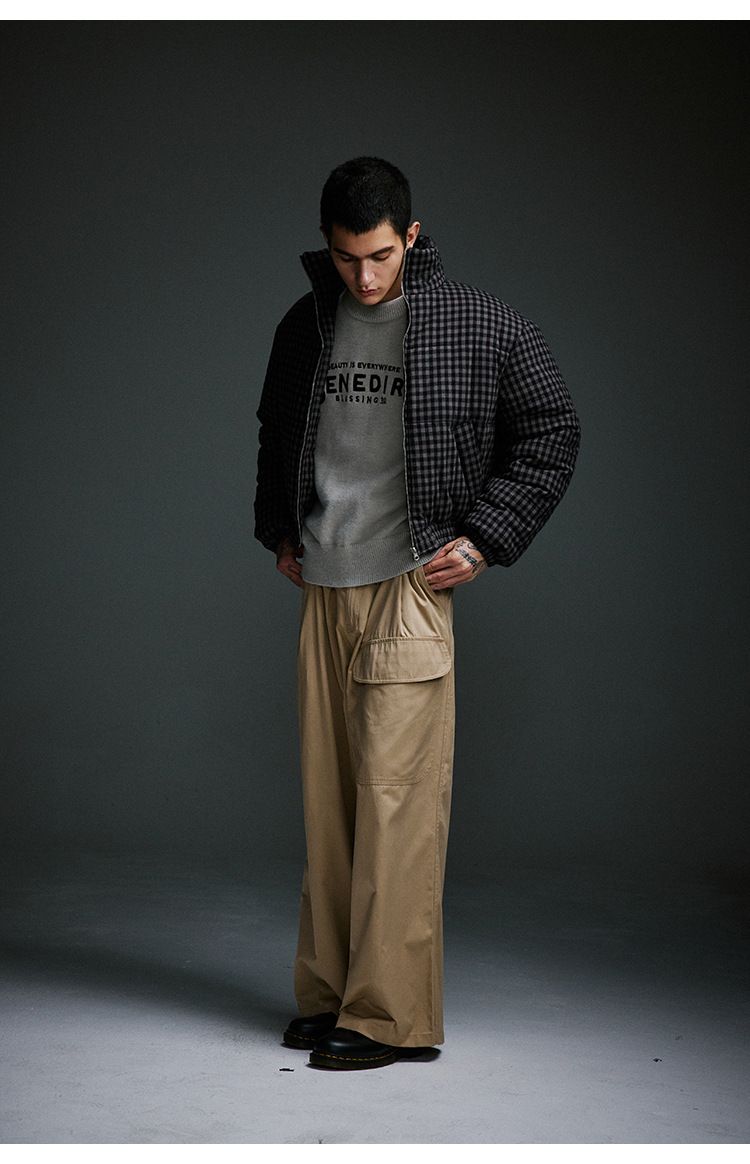 Kurze Pufferjacke für Herren – Winter-Steppmantel mit Karomuster, Stehkragen, lockere Passform, warme Oberbekleidung aus Polyester (M-XXL, Schwarz-Grau kariert)_voghion.com