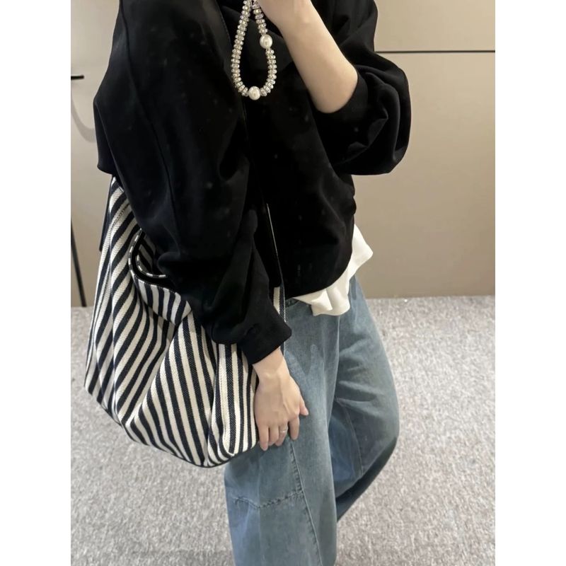 Borsa a tracolla grande capacità 2025, nuova borsa versatile in tela a righe, casual, da donna, da portare sottobraccio_voghion.com