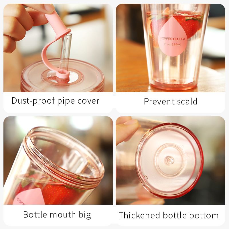 Tazza da tè al latte con cannuccia a doppio strato con coperchio, tazza d'acqua portatile, tazza da tè alla frutta, piccola tazza di plastica creativa per l'estate, acqua_voghion.com