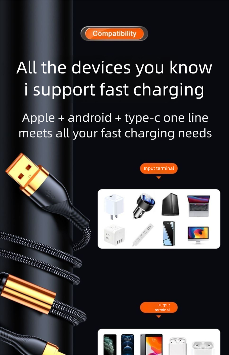 800W Super Fast One-to-Three Data Compatible Withiphone OPPO Huawei Vivo Xiaomi Three-in-One Charging Cable_voghion.com
