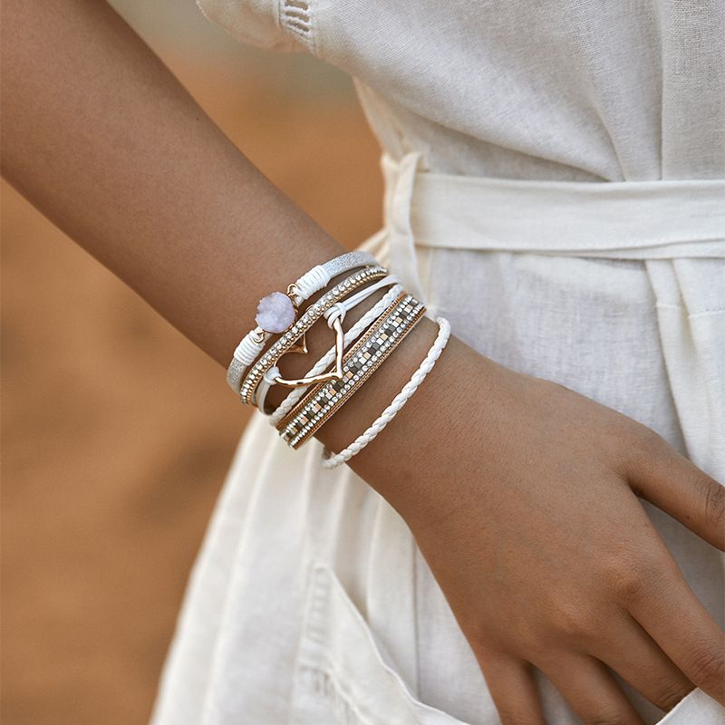 Set di bracciali a strati bohémien - Bracciale rigido regolabile a cuore aperto e catena con perline_voghion.com