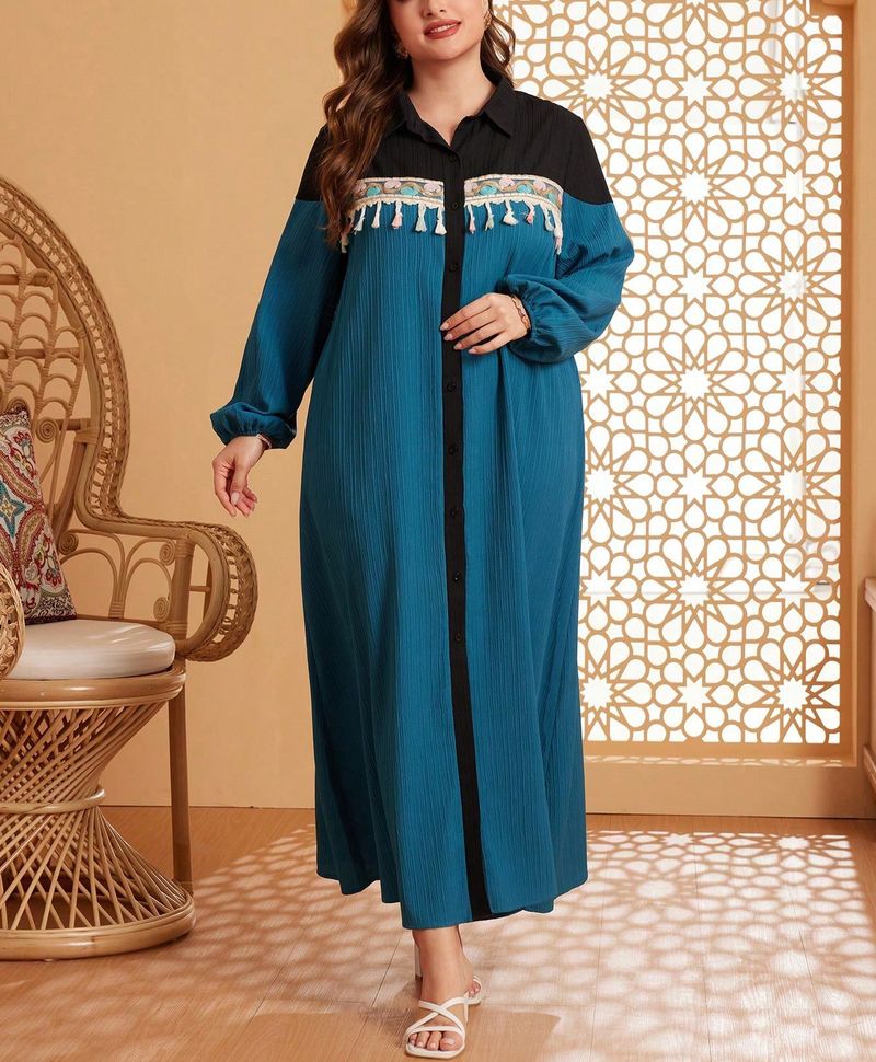 Sukienka maxi w stylu boho plus size z etnicznym nadrukiem – zwiewna tunika z wysokim stanem i długim rękawem dla kobiet, luźny krój, wygodna i stylowa (0XL-4XL)_voghion.com