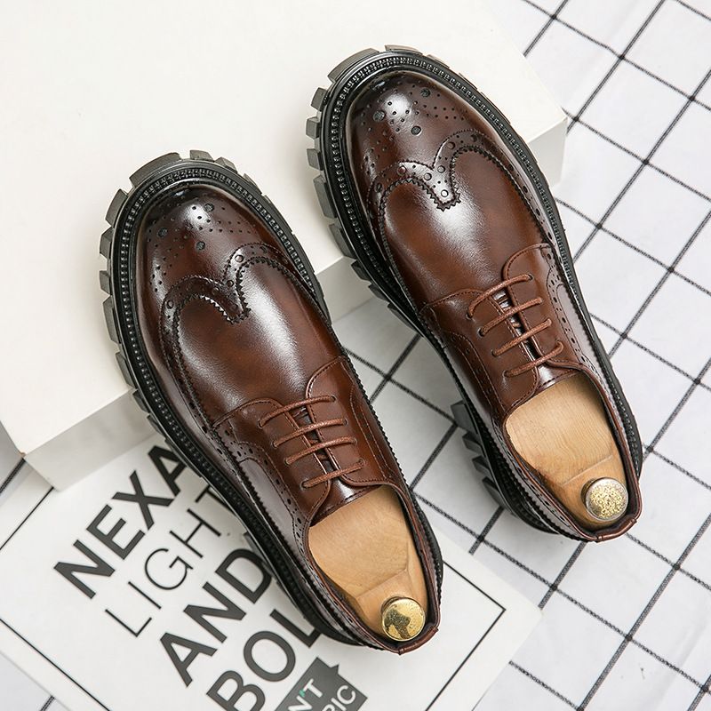 Suitable For All Seasons .Korean Style Thick-Soled Size 38-45 Trendy Large-Toe Work Men's Low-Top Brogue Carved Leather Shoes_voghion.com