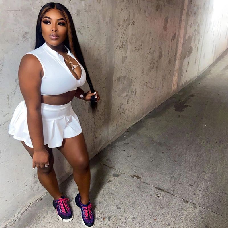 Damenmode lässig sexy einfarbig plissierte Taille schlanke Weste Culottes Sport zweiteiliges Set_voghion.com