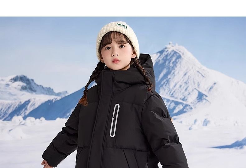 Kids' Long Winter Puffer Coat – Thickened Polyester Jacket With Detachable Hood For Boys & Girls (120-170cm, Black/Red/White, Windproof & Soft)_voghion.com