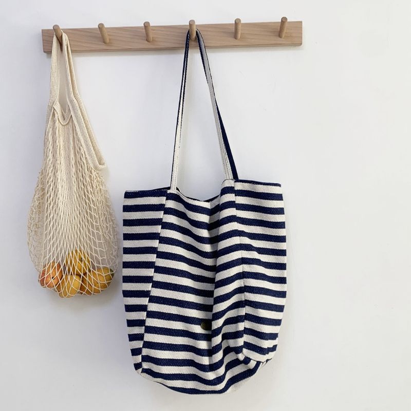 Sac fourre-tout décontracté en toile rayée de grande capacité, style coréen, nouvelle collection 2024_voghion.com