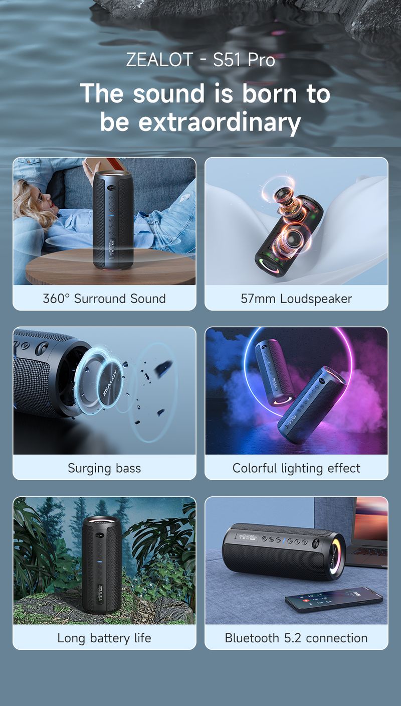 ZEALOT-S51Pro 40W High-power 3D Stereo Bass Bluetooth Speaker Portable IPX5 Waterproof Suitable TWS Boom Box_voghion.com