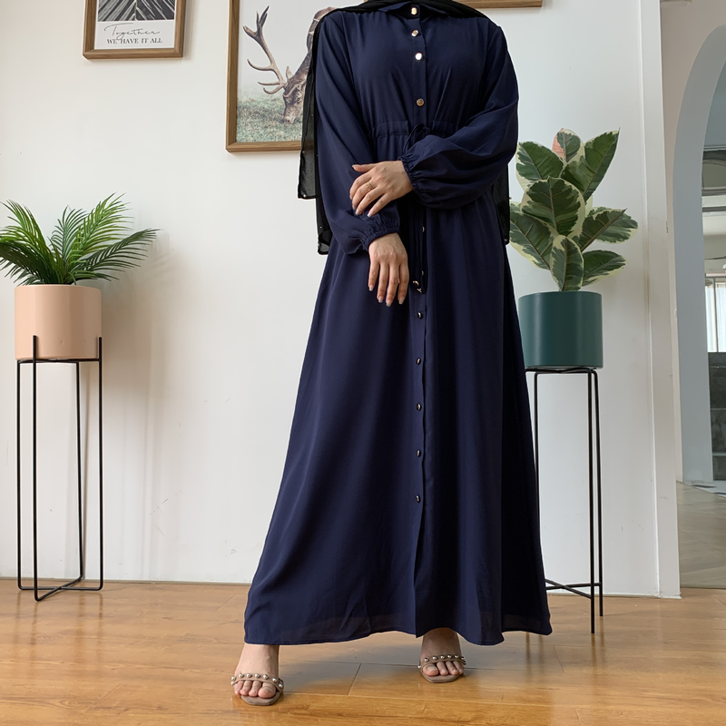 Roupas femininas nova moda muçulmana lapela cor sólida botão completo vestido fino saia longa_voghion.com