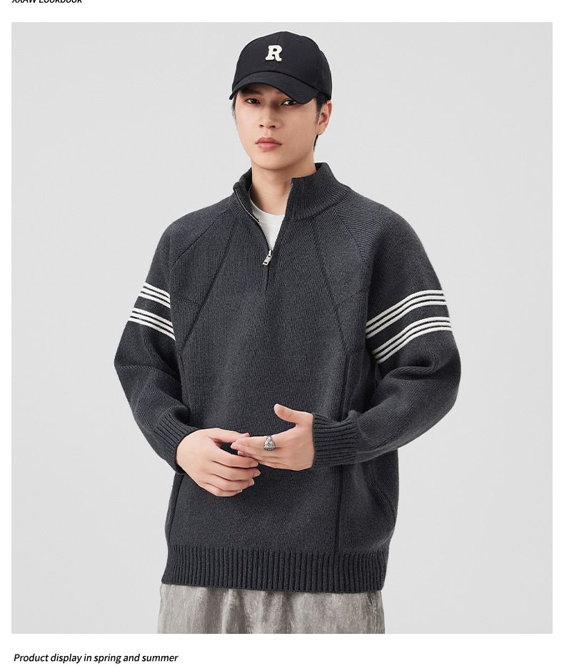 Retro Stand Collar Zip-Up Knit Sweater – Unisex Streetwear Pullover (M-3XL, Relaxed Fit, Vintage Aesthetic)_voghion.com