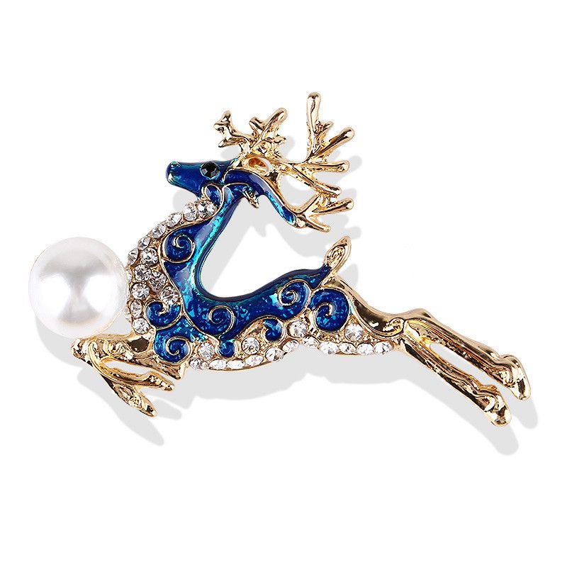 Korean version of the new Christmas oil drop alloy enamel rhinestone sika deer pearl brooch pin brooch female_voghion.com