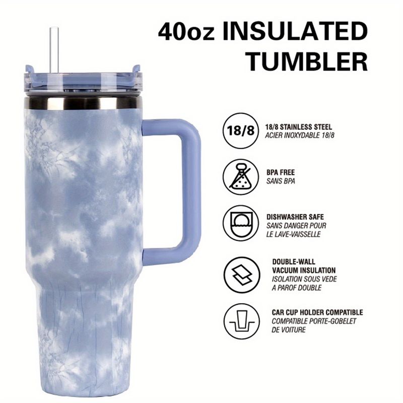 Una tazza da viaggio in acciaio inossidabile da 40 once con isolamento sottovuoto, motivo a nuvola, con coperchio, cannuccia e manico per bevande calde e fredde_voghion.com