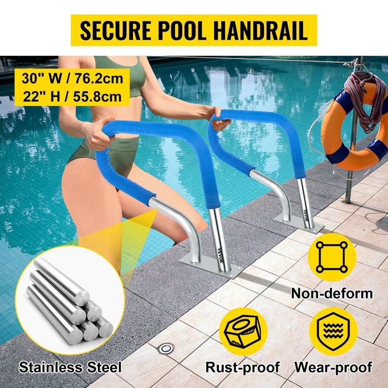 VEVOR Pool Rail 30x22 Pool Railing 304 Stainless Steel 250LBS Load Capacity Silver Rustproof Pool Handrail Humanized Swimming Pool Handrail With Blue Grip Cover & M8 Drill Bit & Self-Taping Screws_voghion.com
