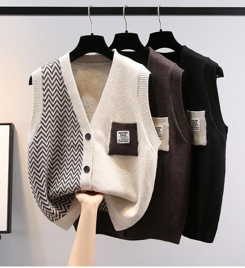 "Strickweste im College-Stil für Damen – Locker sitzendes, gestreiftes Winteroberteil mit V-Ausschnitt"_voghion.com