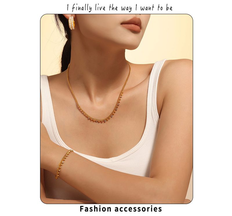 Titanium Steel Small Round Bead Inlaid Rhinestone Interval Pendant Tassel Necklace Bracelet Set_voghion.com