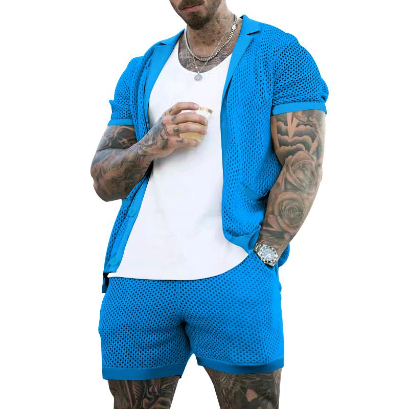 Herrenbekleidung Herrenmode aushöhlen durchsichtig cool lässig dünne Oberbekleidung Herren Kurzarm Shorts Set_voghion.com