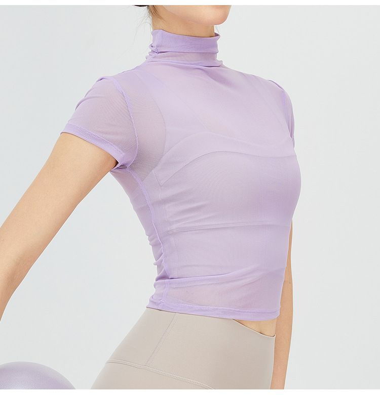 Maglietta da yoga vintage con collo alto, da donna, ad asciugatura rapida, sportiva, in rete, con protezione solare, per yoga_voghion.com