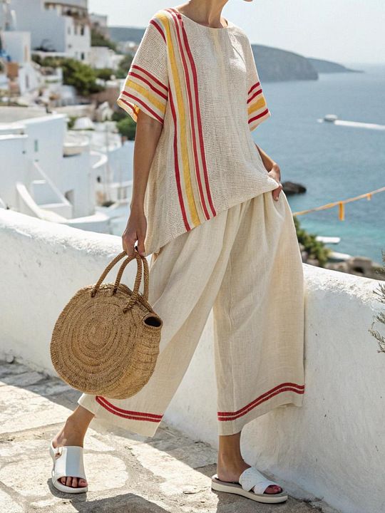 Completo due pezzi in cotone e lino con camicia a maniche corte e pantaloni, modello Island Vacation, modello ampio con scollo rotondo e pantaloni a vita alta_voghion.com
