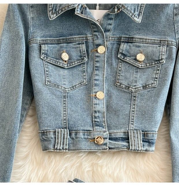 Women's Denim Jacket & High Waist Pencil Skirt Two-Piece Set - Slim Fit Short Cropped Blazer With Button Front & Bodycon Mini Skirt (Blue, S/M/L)_voghion.com