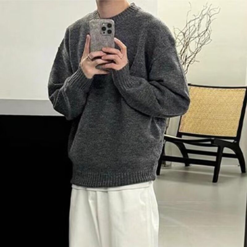 Pull oversize en maille pour homme – Pull streetwear coréen à la texture mohair (Gris foncé, M-3XL)_voghion.com