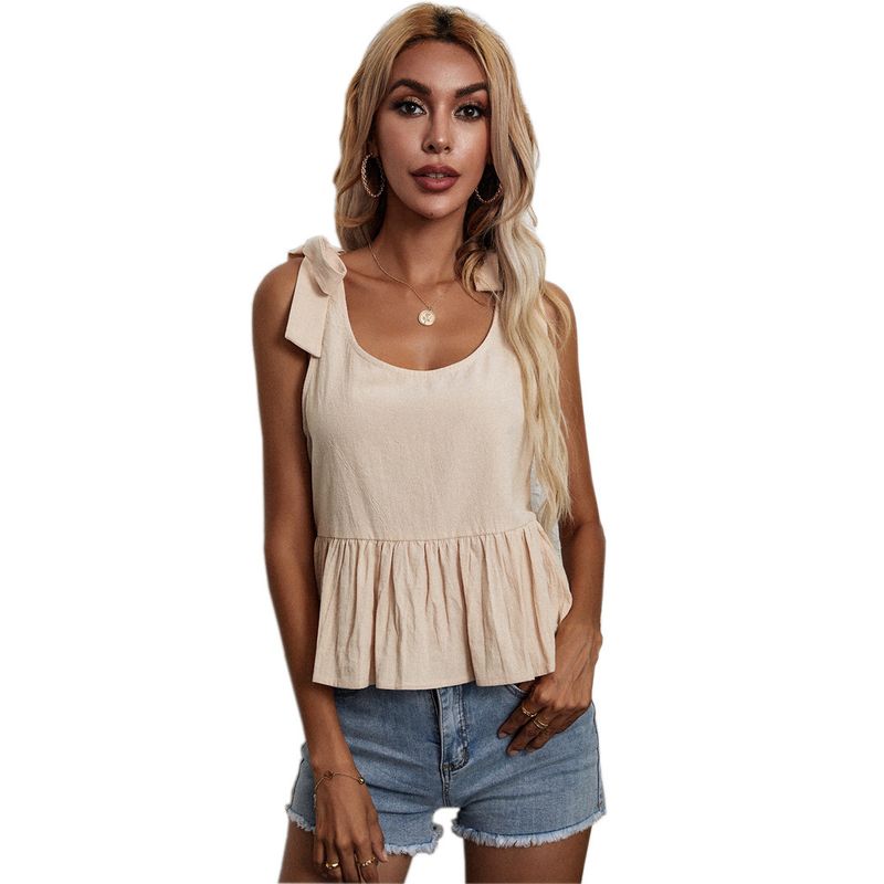 2023 T-shirt ampia e versatile da donna con cinturino al collo a U Canotta con cinturino dritto in cotone e canapa_voghion.com