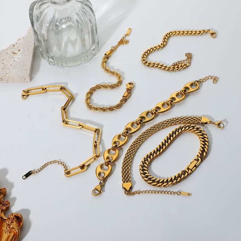Conjunto de joias estilo INS Miami Cuban Chain Flat Snake Fold Pulseira de aço inoxidável banhada a ouro para mulheres_voghion.com