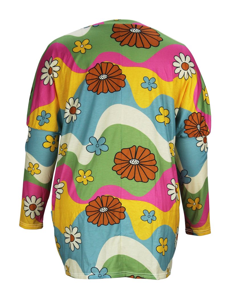 Långärmad luvtröja med rund hals för damer med blommönstrad ficka, kort klänning_voghion.com