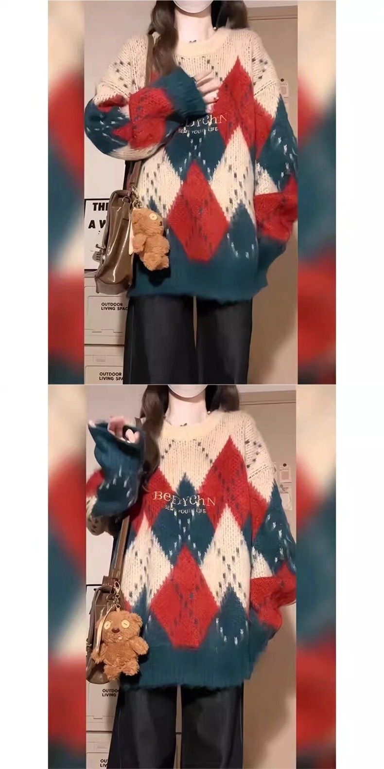 Maglione natalizio caldo e spesso trapuntato in puro stile Fair Isle, per uomo, 2025, in blocchi di colore rosso e verde_voghion.com