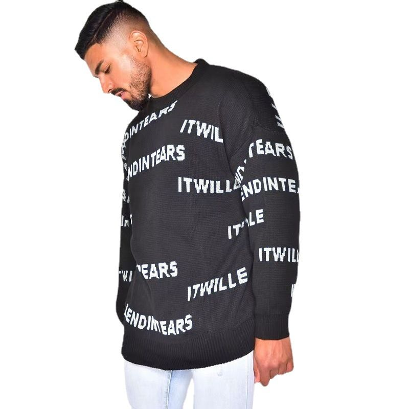 Men's Knit Letter American High Street Leisure Round Neck Loose Soft Waffle Pullover Top Men_voghion.com