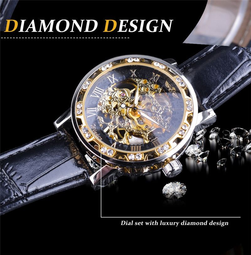 Men's Fashion Skeleton Mechanical Watch With Rhinestones - Hand-Winding Luxury Timepiece, 40mm Leather Strap, Stainless Steel Buckle_voghion.com