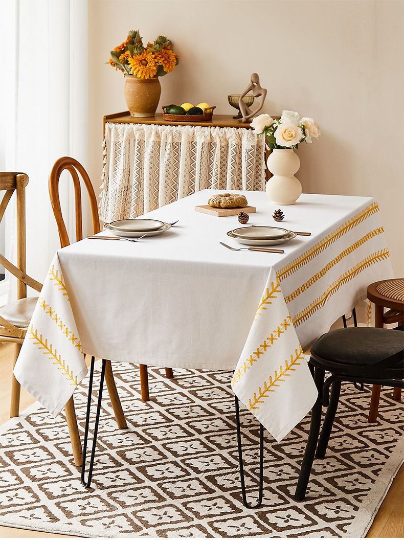 Tablecloth Yellow - Polycotton Embroidered With Cross/Arrow, Heat-Resistant & Wrinkle-Free, For Dining Table, Coffee Table Or Dorm Decor_voghion.com