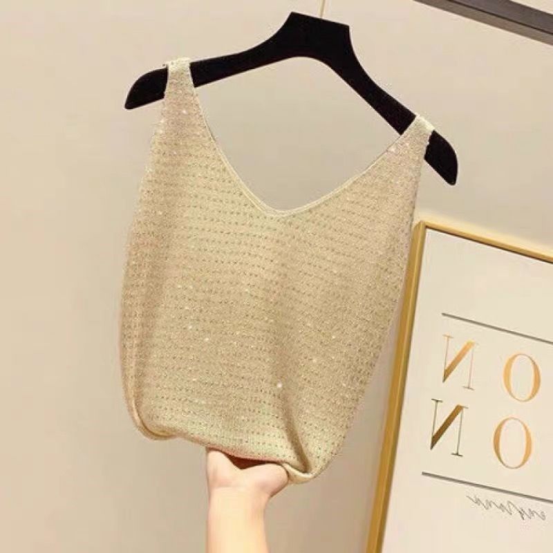 Women’s Clothing Loose Bright Silk Hot Diamond Summer Korean Ice Silk Heavy Knitted Sequined Vest New Style Bottom Outer Wear Sleeveless Top_voghion.com